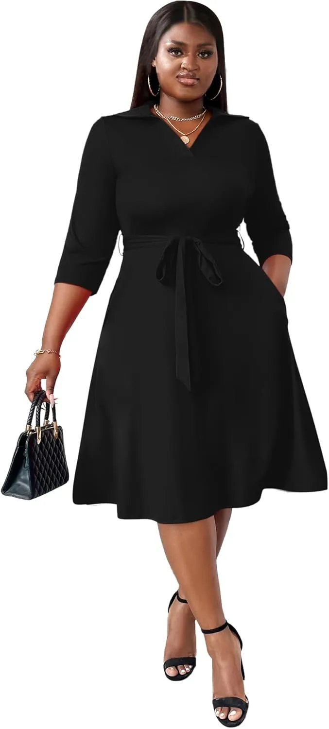 FANDEE Plus Size Midi Dress for Women - Printing Summer Dresses for Wedding Guest Cocktail Party 3/4 Sleeve V Neck（XL-5XL）