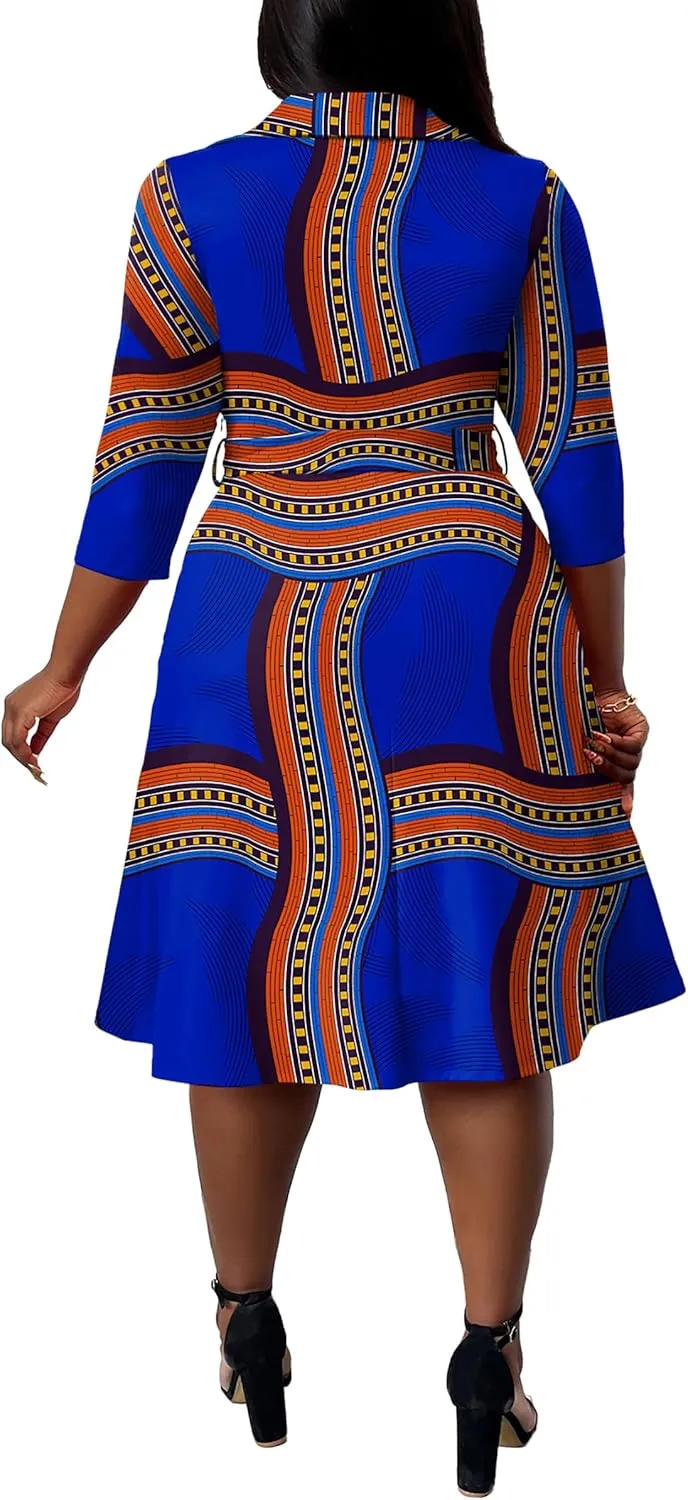 FANDEE Plus Size Midi Dress for Women - Printing Summer Dresses for Wedding Guest Cocktail Party 3/4 Sleeve V Neck（XL-5XL）