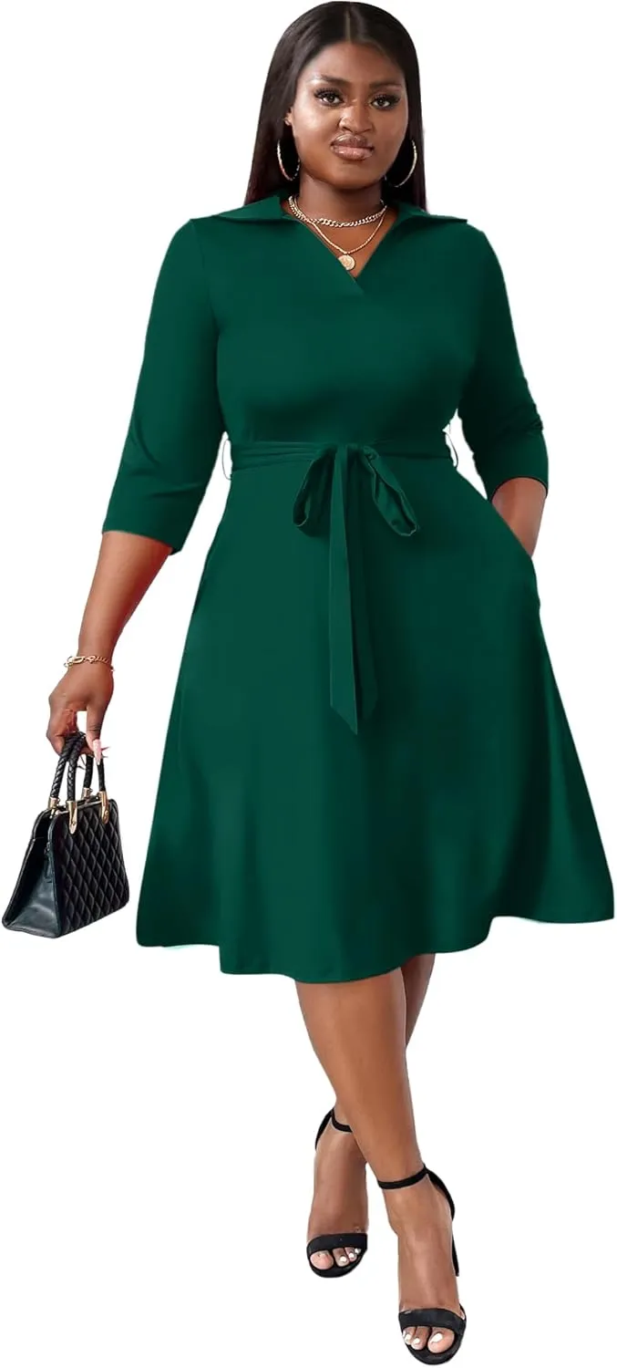 FANDEE Plus Size Midi Dress for Women - Printing Summer Dresses for Wedding Guest Cocktail Party 3/4 Sleeve V Neck（XL-5XL）