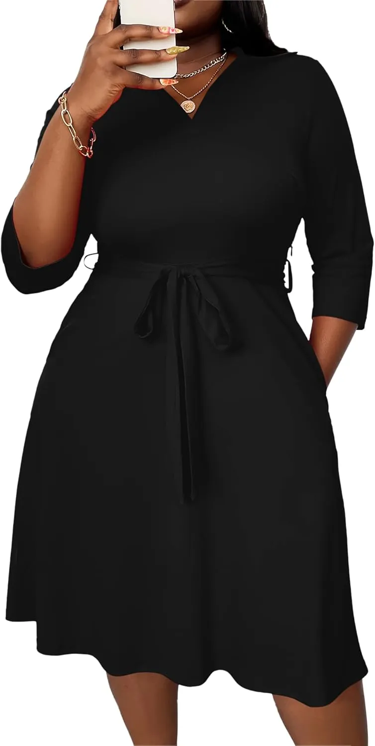 FANDEE Plus Size Midi Dress for Women - Printing Summer Dresses for Wedding Guest Cocktail Party 3/4 Sleeve V Neck（XL-5XL）