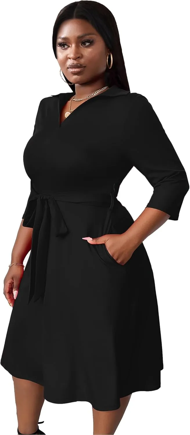 FANDEE Plus Size Midi Dress for Women - Printing Summer Dresses for Wedding Guest Cocktail Party 3/4 Sleeve V Neck（XL-5XL）