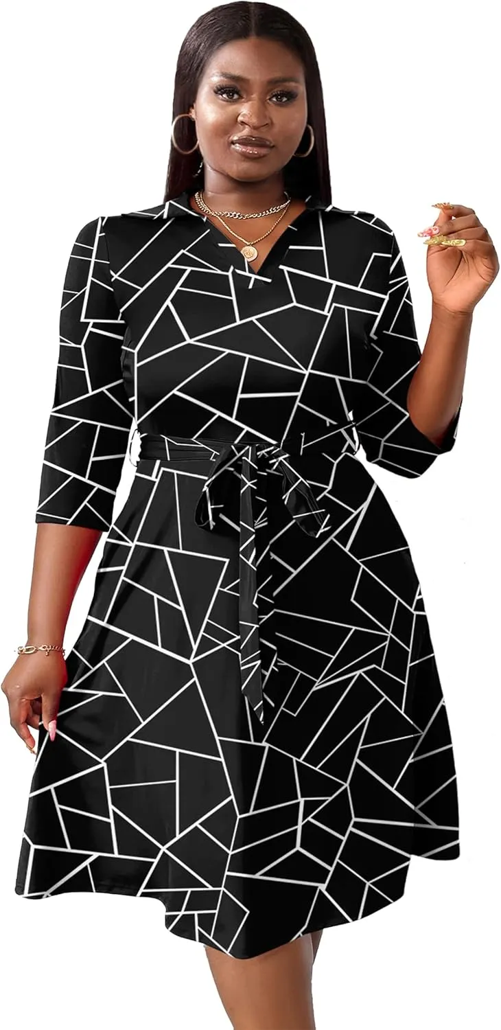 FANDEE Plus Size Midi Dress for Women - Printing Summer Dresses for Wedding Guest Cocktail Party 3/4 Sleeve V Neck（XL-5XL）