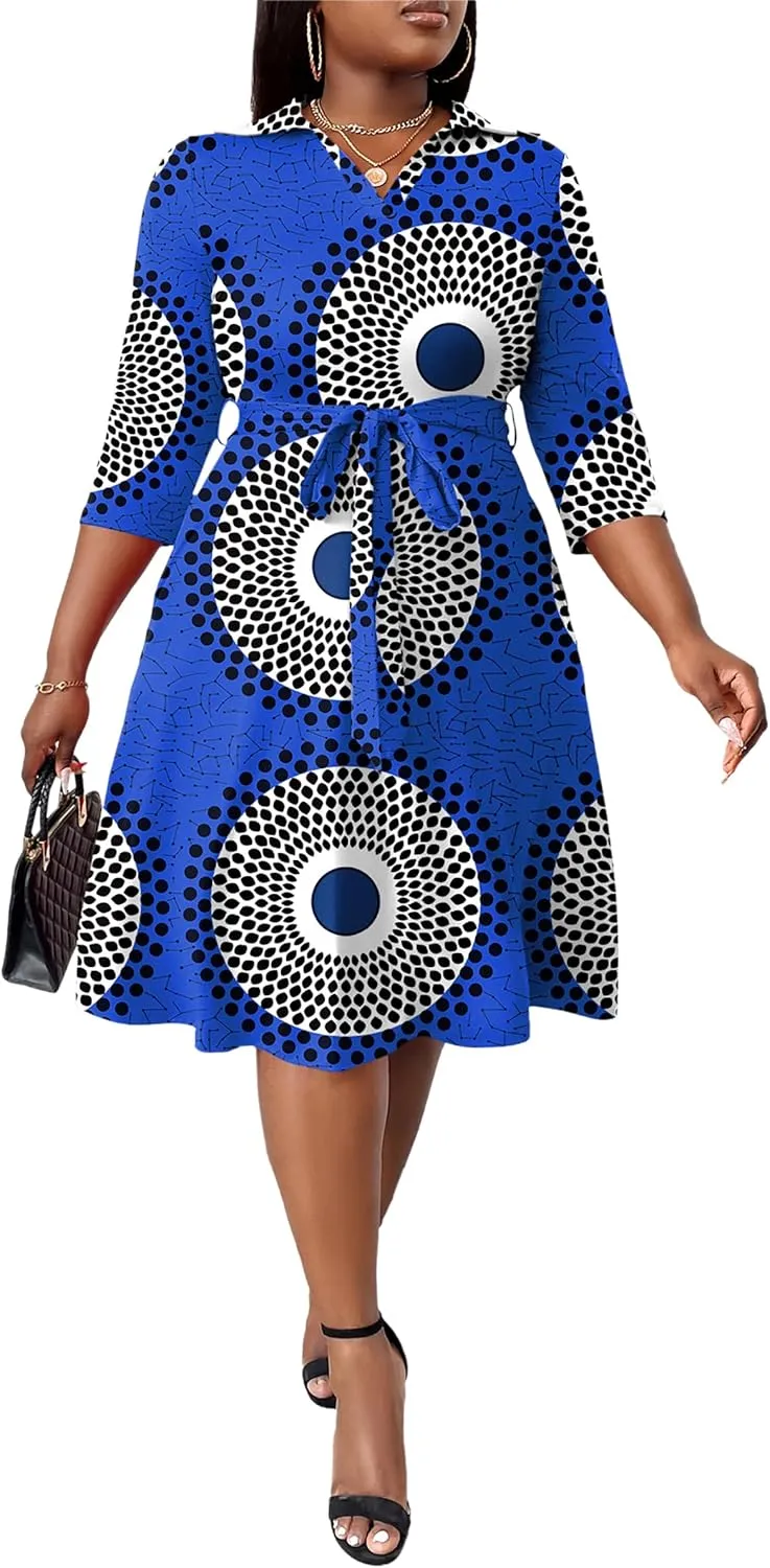 FANDEE Plus Size Midi Dress for Women - Printing Summer Dresses for Wedding Guest Cocktail Party 3/4 Sleeve V Neck（XL-5XL）