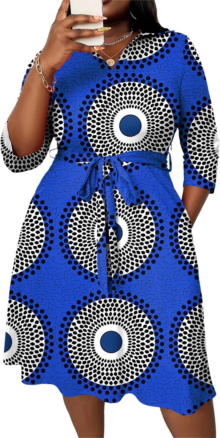 FANDEE Plus Size Midi Dress for Women - Printing Summer Dresses for Wedding Guest Cocktail Party 3/4 Sleeve V Neck（XL-5XL）