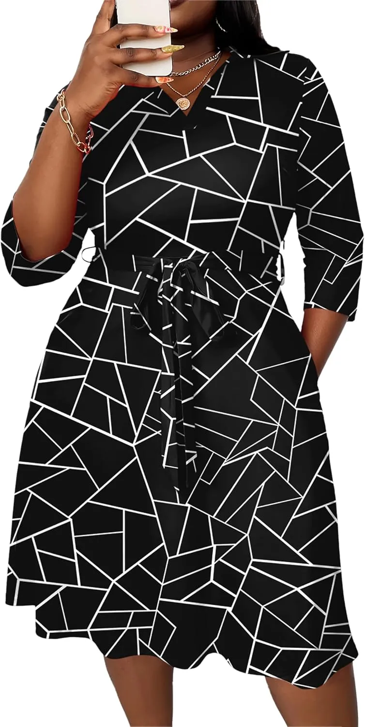 FANDEE Plus Size Midi Dress for Women - Printing Summer Dresses for Wedding Guest Cocktail Party 3/4 Sleeve V Neck（XL-5XL）