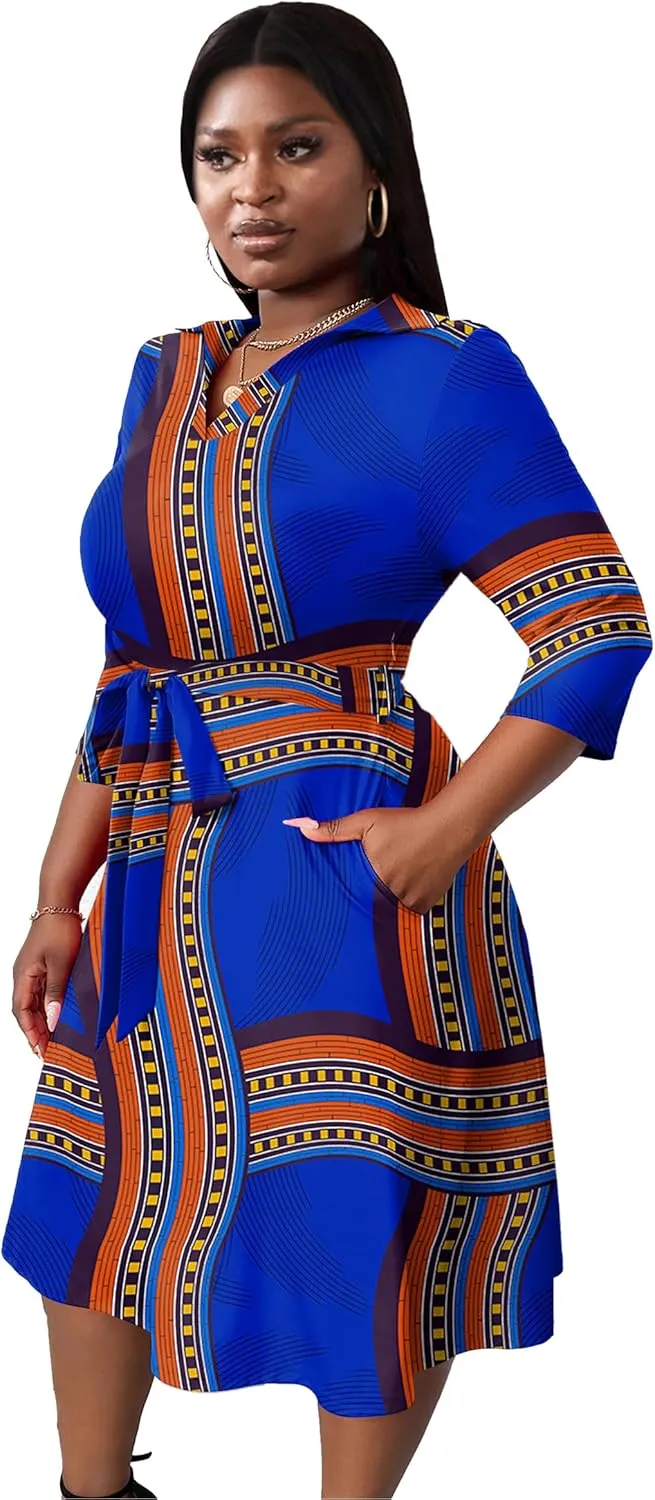 FANDEE Plus Size Midi Dress for Women - Printing Summer Dresses for Wedding Guest Cocktail Party 3/4 Sleeve V Neck（XL-5XL）