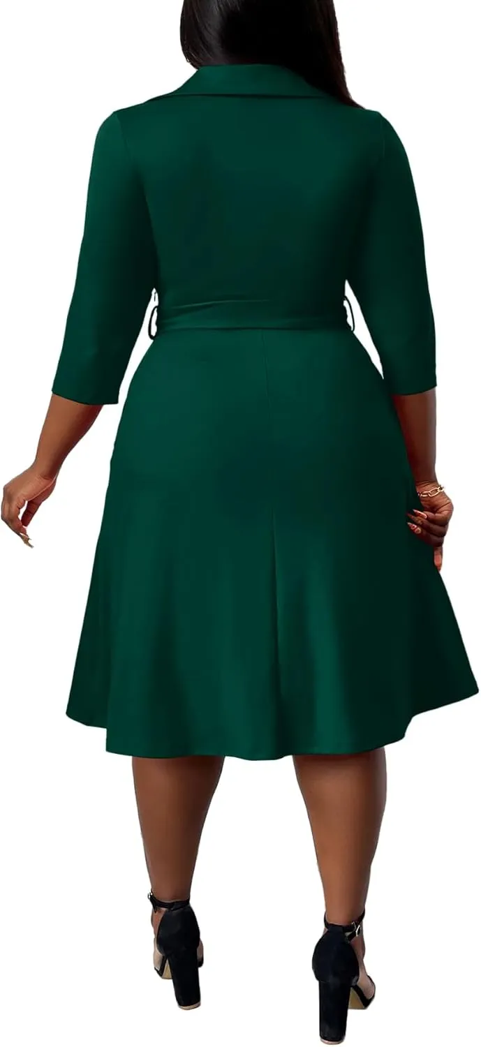 FANDEE Plus Size Midi Dress for Women - Printing Summer Dresses for Wedding Guest Cocktail Party 3/4 Sleeve V Neck（XL-5XL）