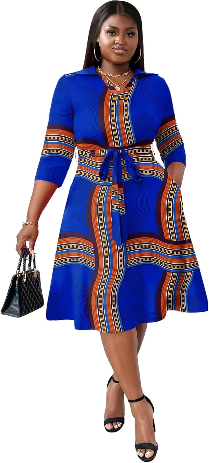 FANDEE Plus Size Midi Dress for Women - Printing Summer Dresses for Wedding Guest Cocktail Party 3/4 Sleeve V Neck（XL-5XL）