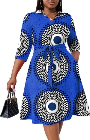 FANDEE Plus Size Midi Dress for Women - Printing Summer Dresses for Wedding Guest Cocktail Party 3/4 Sleeve V Neck（XL-5XL）