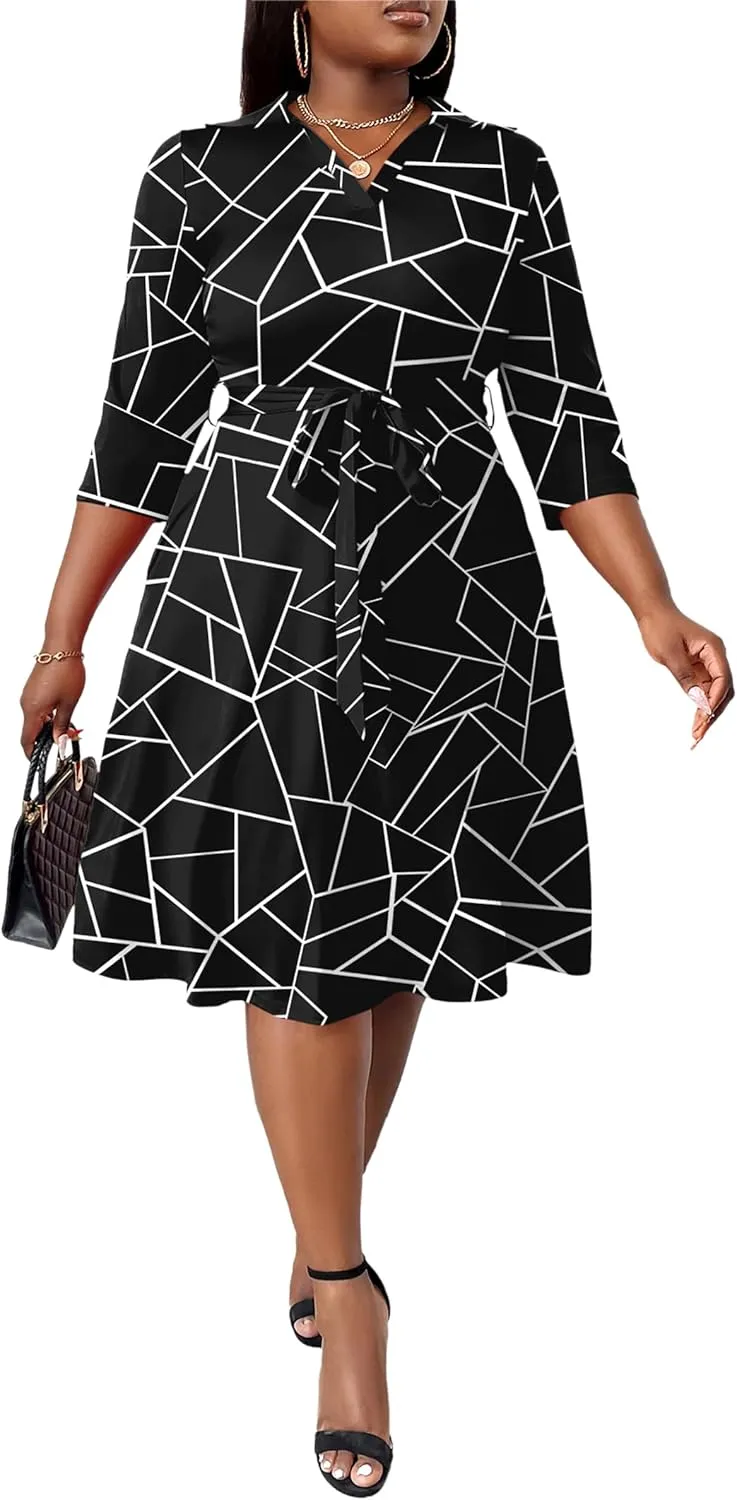 FANDEE Plus Size Midi Dress for Women - Printing Summer Dresses for Wedding Guest Cocktail Party 3/4 Sleeve V Neck（XL-5XL）