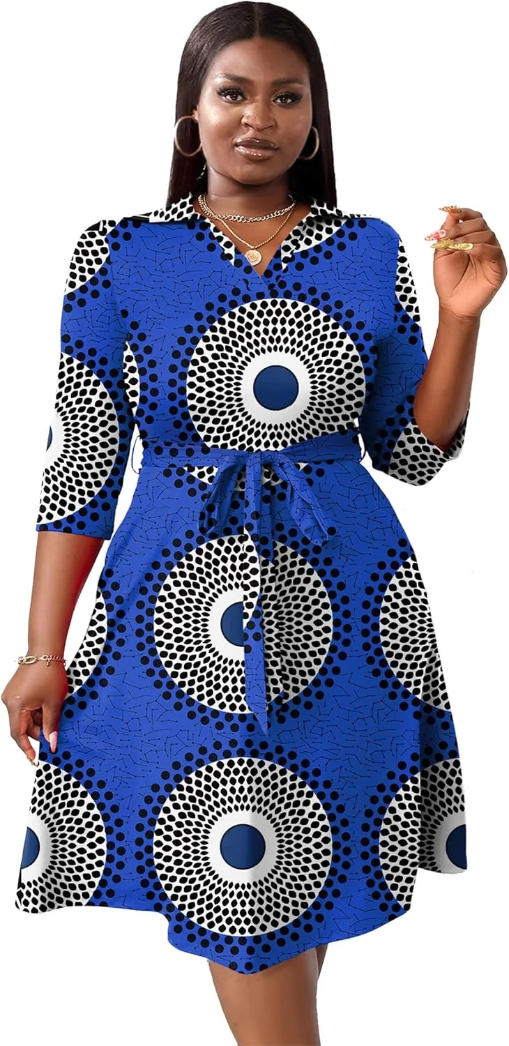 FANDEE Plus Size Midi Dress for Women - Printing Summer Dresses for Wedding Guest Cocktail Party 3/4 Sleeve V Neck（XL-5XL）