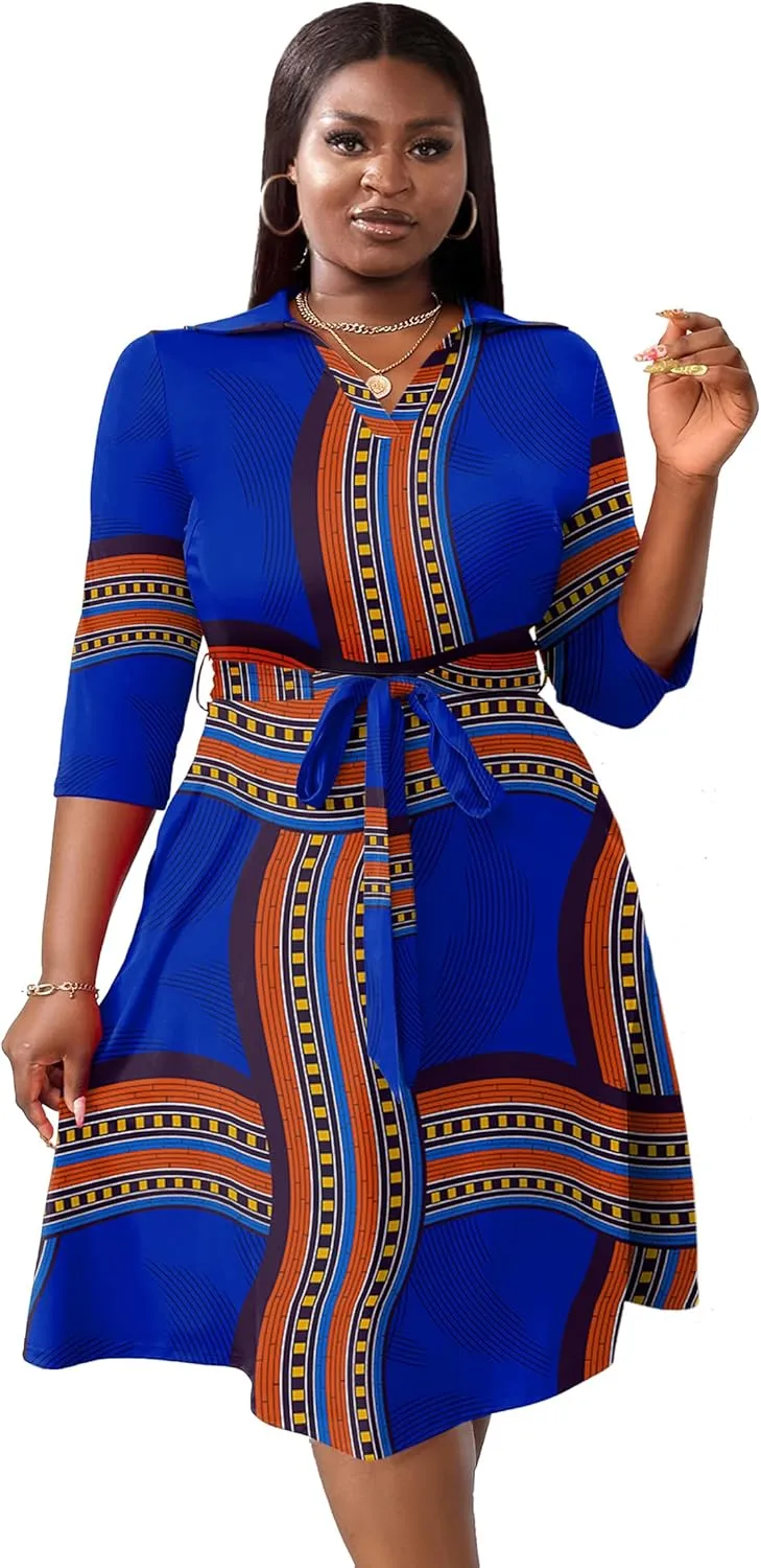 FANDEE Plus Size Midi Dress for Women - Printing Summer Dresses for Wedding Guest Cocktail Party 3/4 Sleeve V Neck（XL-5XL）