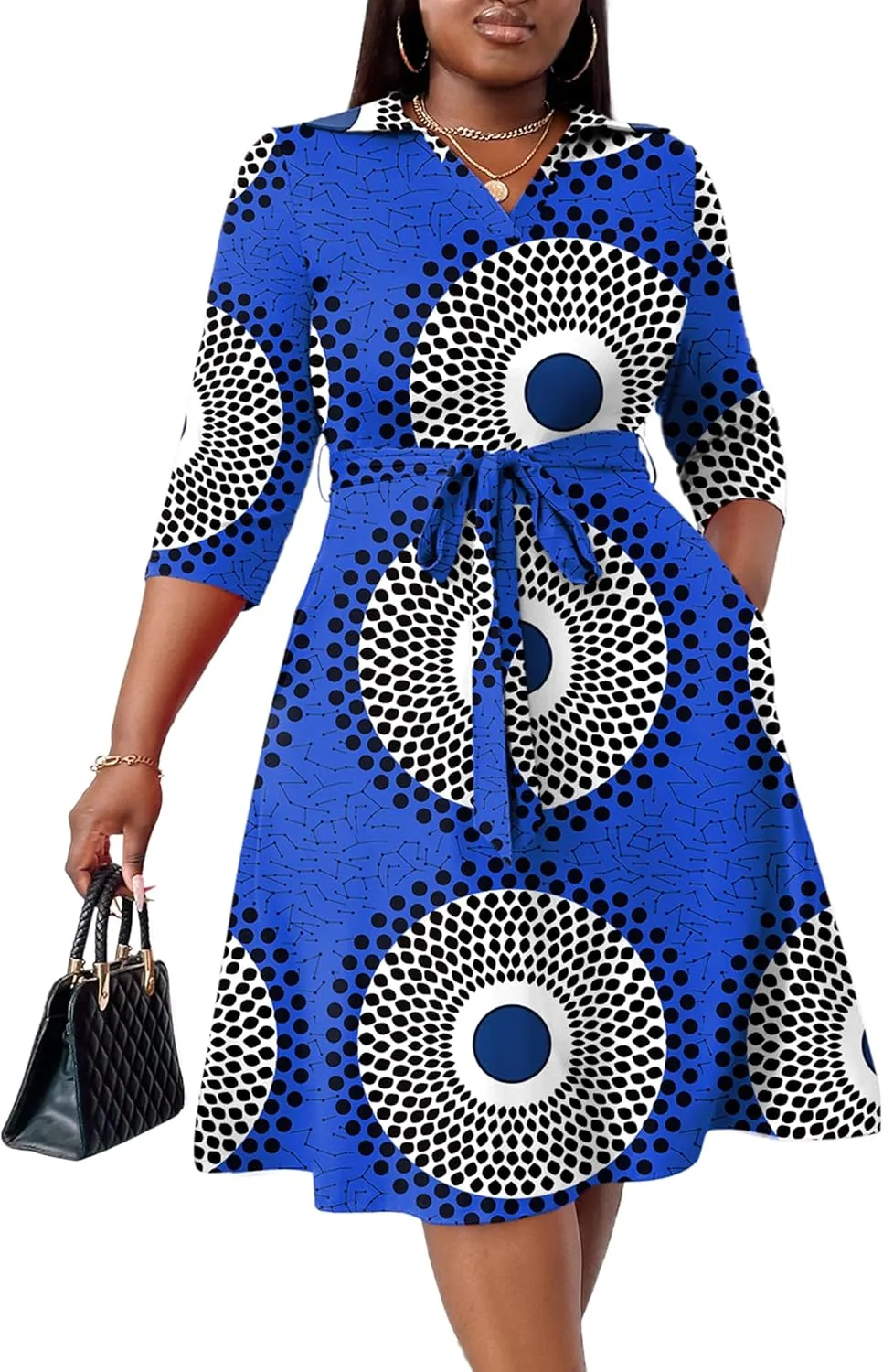 FANDEE Plus Size Midi Dress for Women - Printing Summer Dresses for Wedding Guest Cocktail Party 3/4 Sleeve V Neck（XL-5XL）