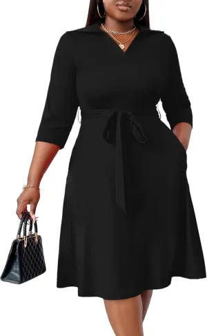 FANDEE Plus Size Midi Dress for Women - Printing Summer Dresses for Wedding Guest Cocktail Party 3/4 Sleeve V Neck（XL-5XL）