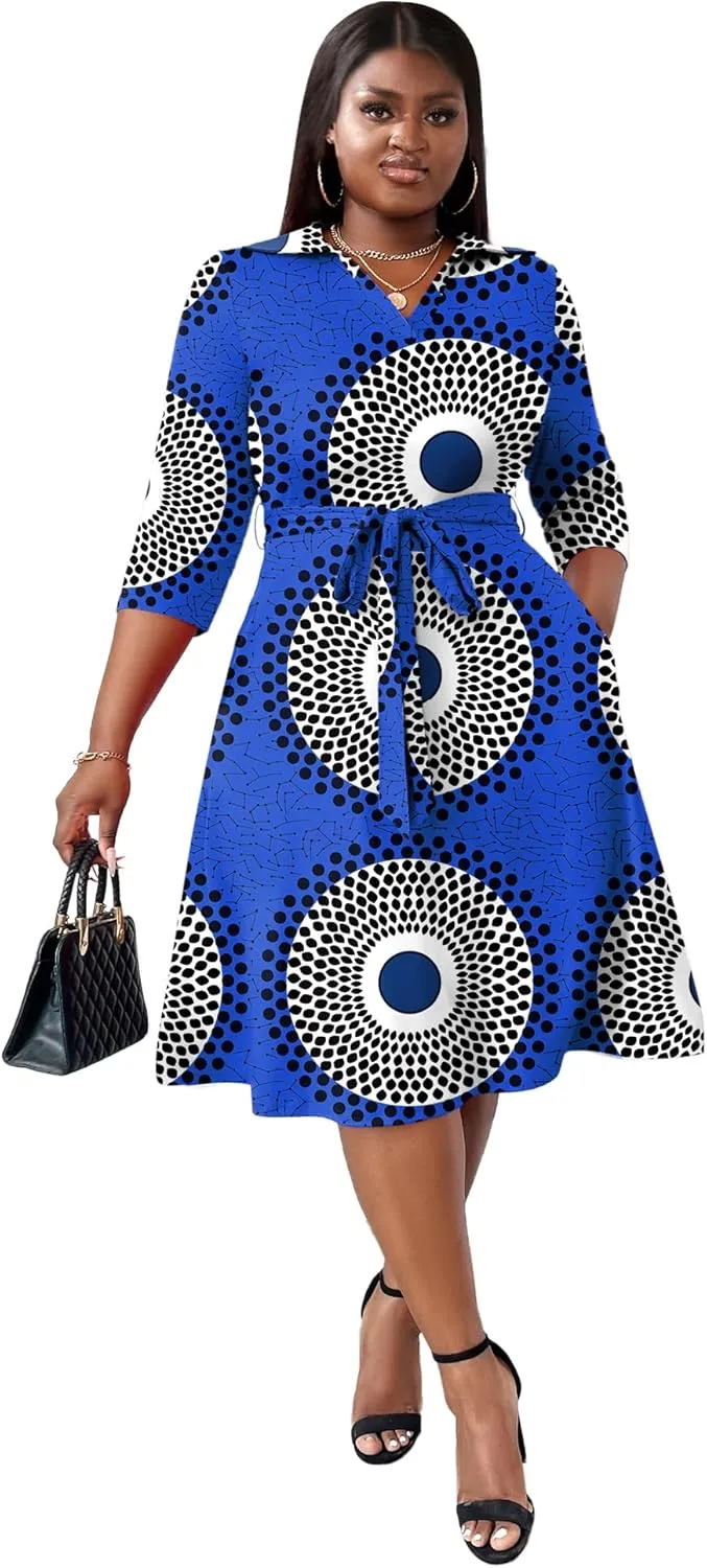 FANDEE Plus Size Midi Dress for Women - Printing Summer Dresses for Wedding Guest Cocktail Party 3/4 Sleeve V Neck（XL-5XL）