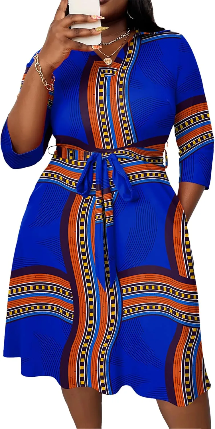 FANDEE Plus Size Midi Dress for Women - Printing Summer Dresses for Wedding Guest Cocktail Party 3/4 Sleeve V Neck（XL-5XL）