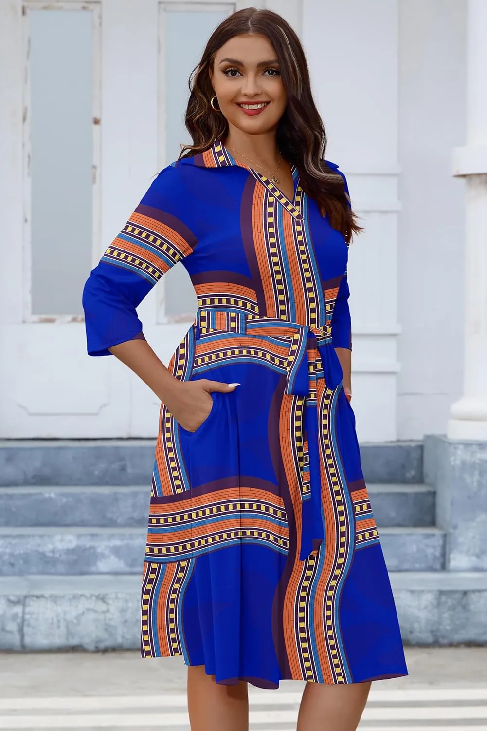 FANDEE Plus Size Midi Dress for Women - Printing Summer Dresses for Wedding Guest Cocktail Party 3/4 Sleeve V Neck（XL-5XL）