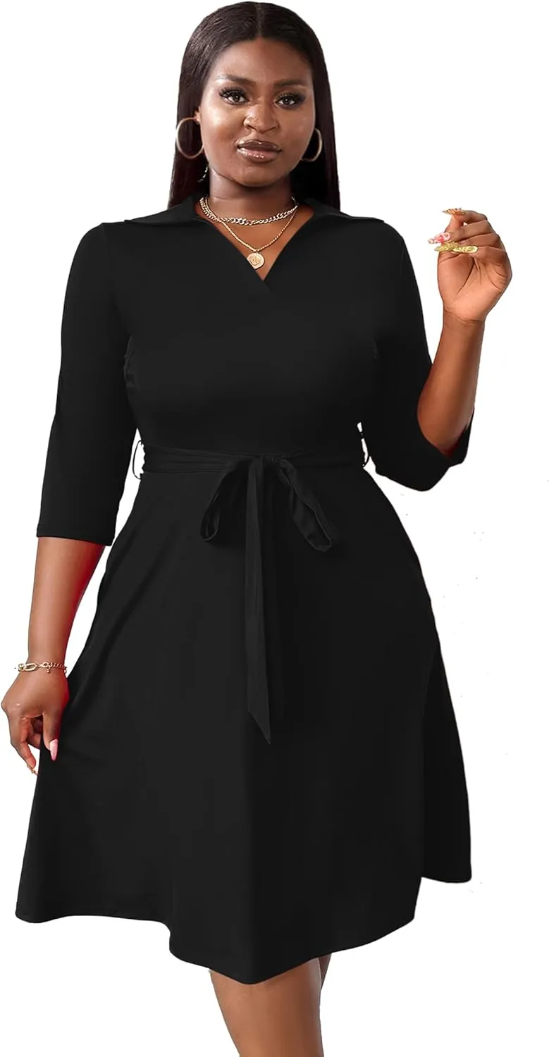 FANDEE Plus Size Midi Dress for Women - Printing Summer Dresses for Wedding Guest Cocktail Party 3/4 Sleeve V Neck（XL-5XL）