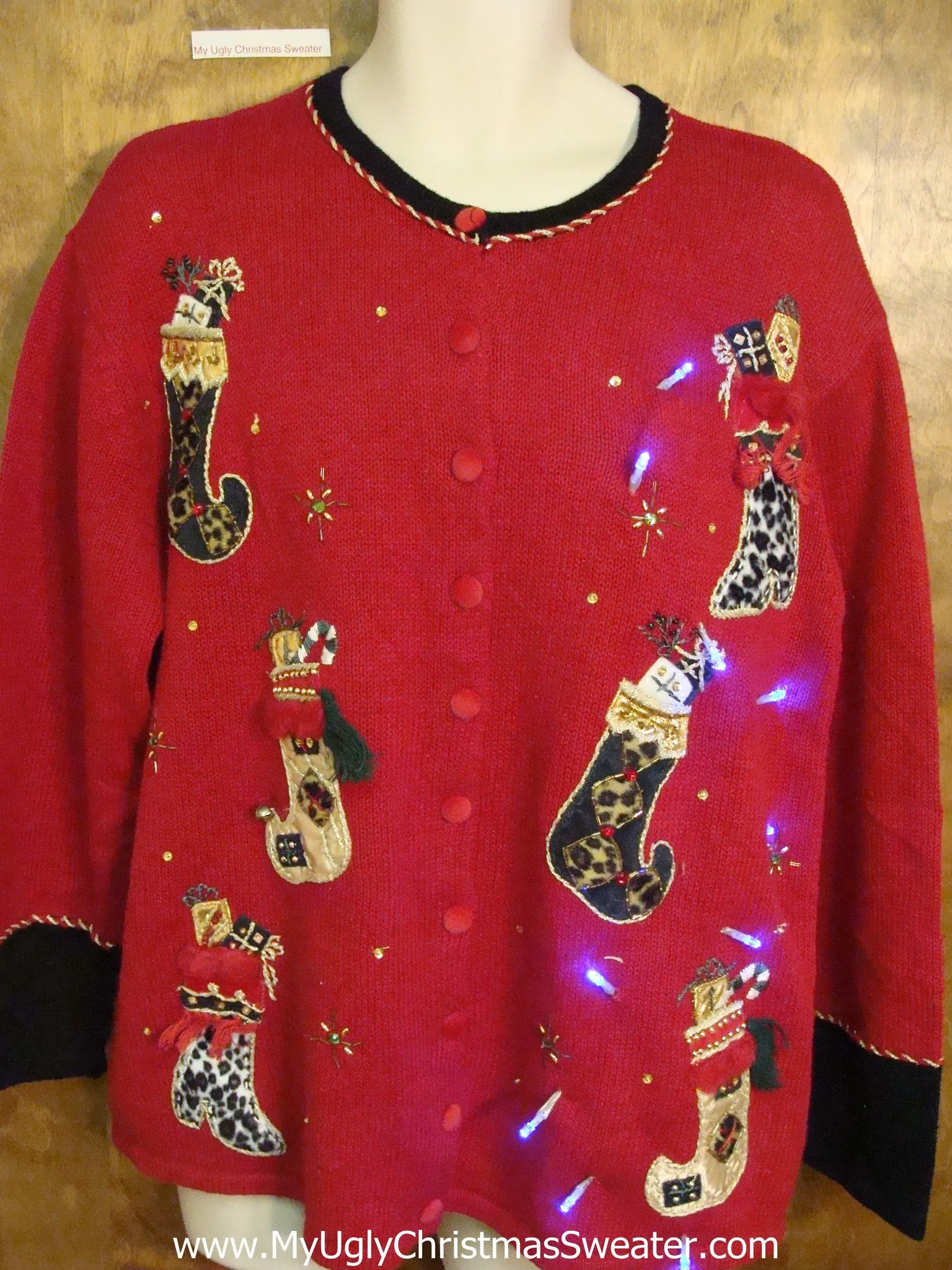 Funny Red 2sided Tacky Xmas Sweater with Stockings and Lights