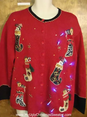 Funny Red 2sided Tacky Xmas Sweater with Stockings and Lights