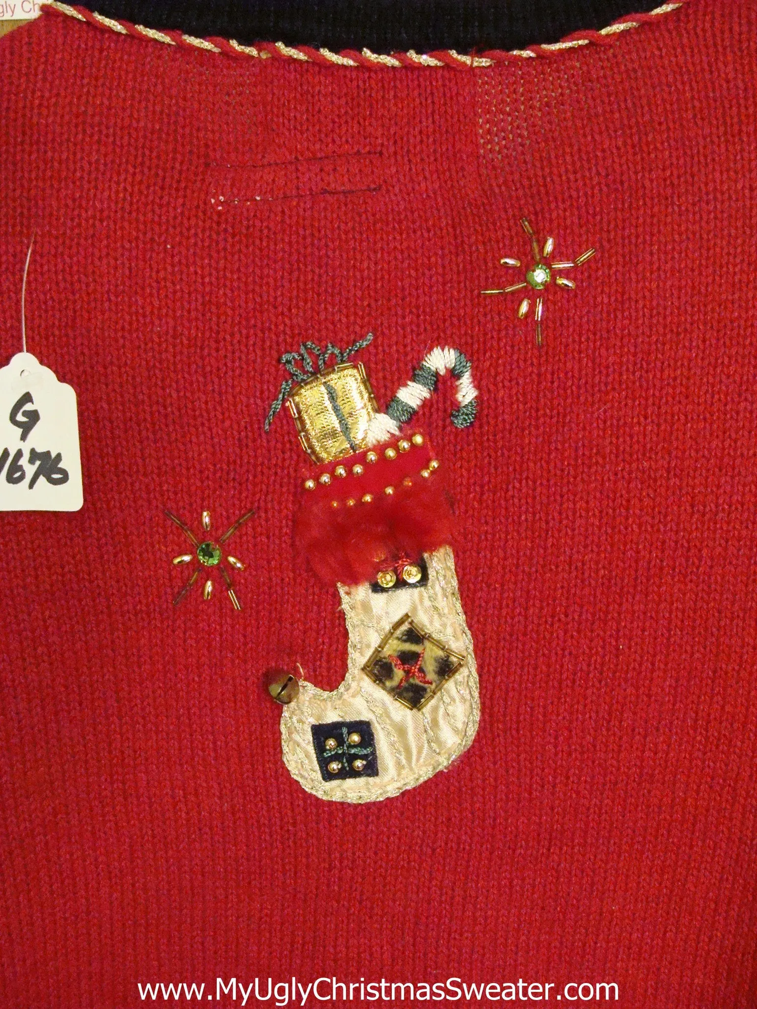 Funny Red 2sided Tacky Xmas Sweater with Stockings and Lights