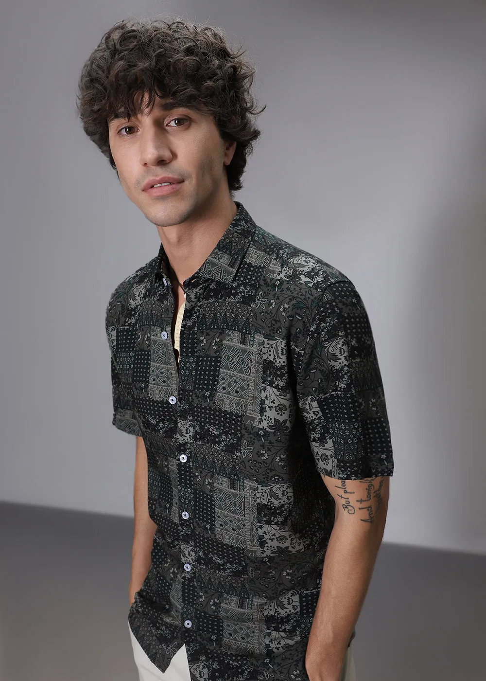Green Geometric Print Shirt