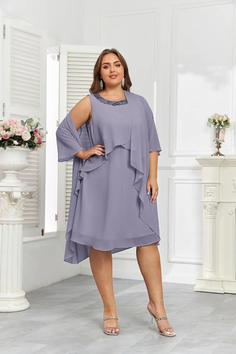 Hanna Nikole Womens Plus Size Dress with Jacket 2 Piece Wedding Guest Dresses Flowy Mother of The Bride Dress