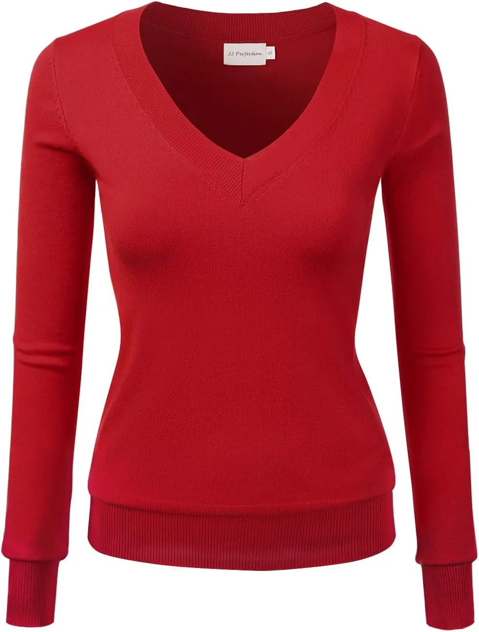 JJ Perfection Simple V-Neck Long Sleeve Pullover Essential Casual Soft Knit Fitted Sweaters for Womens Clothes with Plus Size