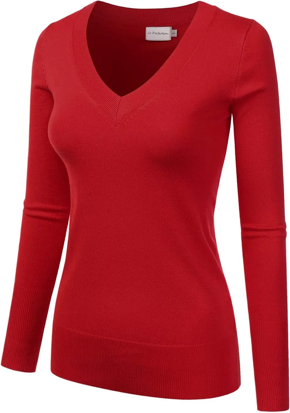 JJ Perfection Simple V-Neck Long Sleeve Pullover Essential Casual Soft Knit Fitted Sweaters for Womens Clothes with Plus Size