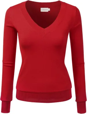 JJ Perfection Simple V-Neck Long Sleeve Pullover Essential Casual Soft Knit Fitted Sweaters for Womens Clothes with Plus Size
