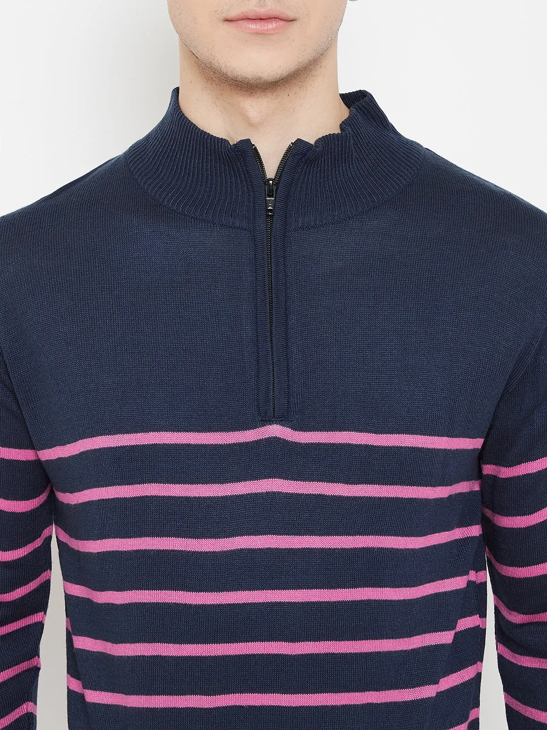 JUMP USA Men Navy Blue Striped Mock Collar Casual Pullover