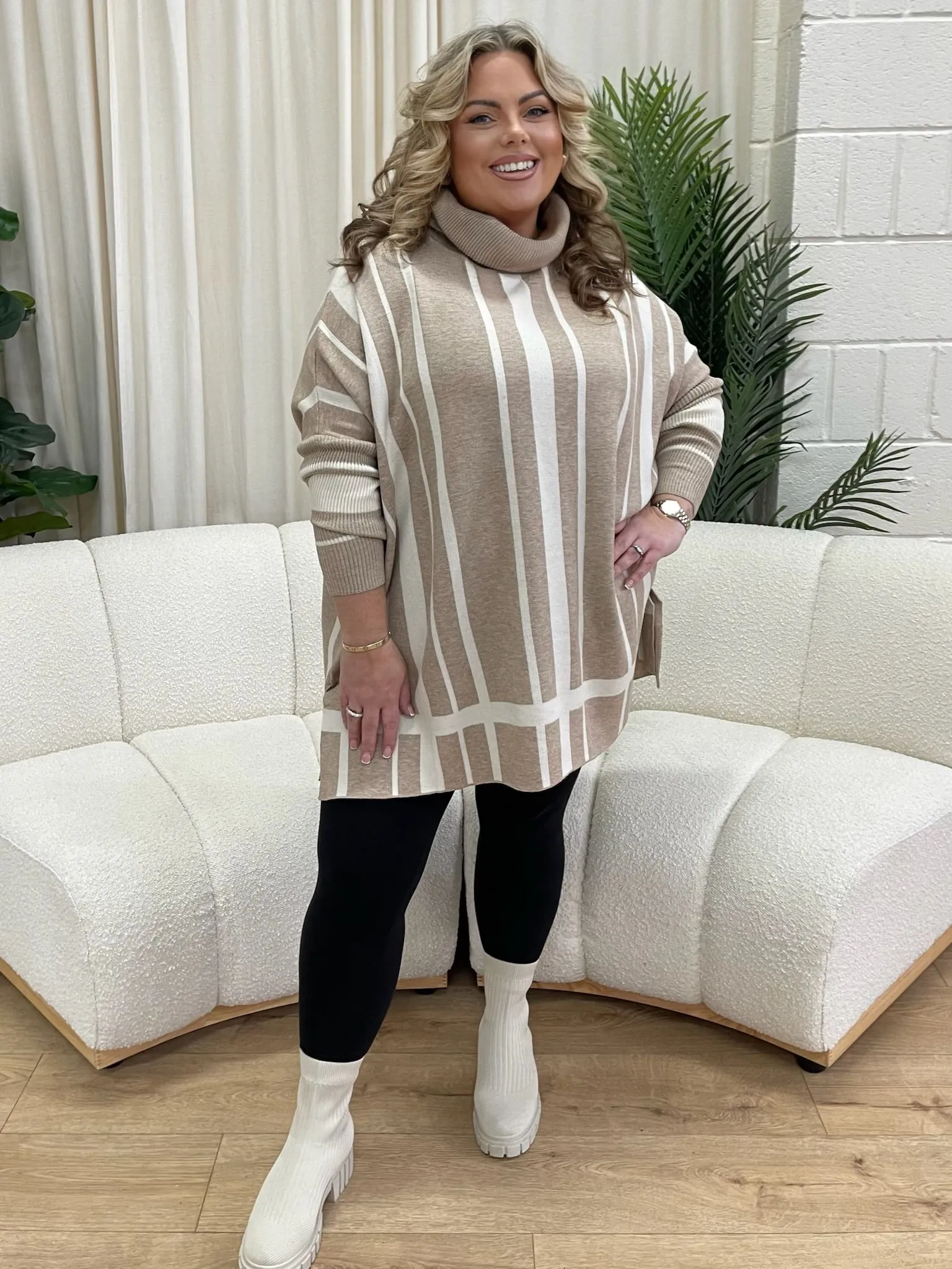 Kirsten Taupe Stripe Print Roll Neck Jumper