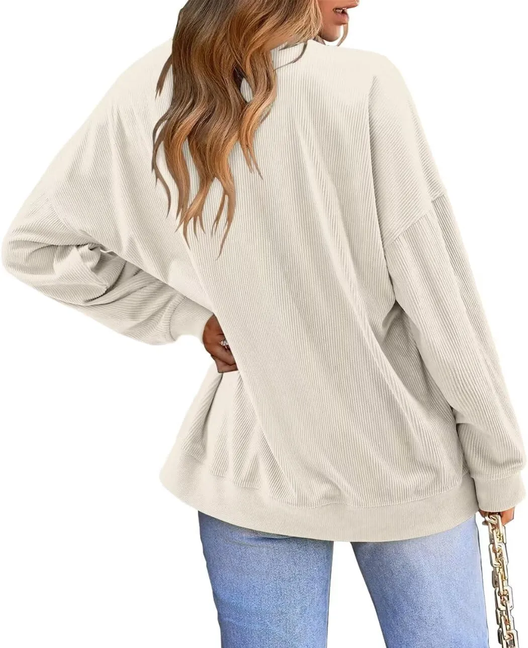 KISSMODA Women's Casual Long Sleeve Sweatshirt Color Block/Solid Crewneck Corduroy Pullover Cute Tops
