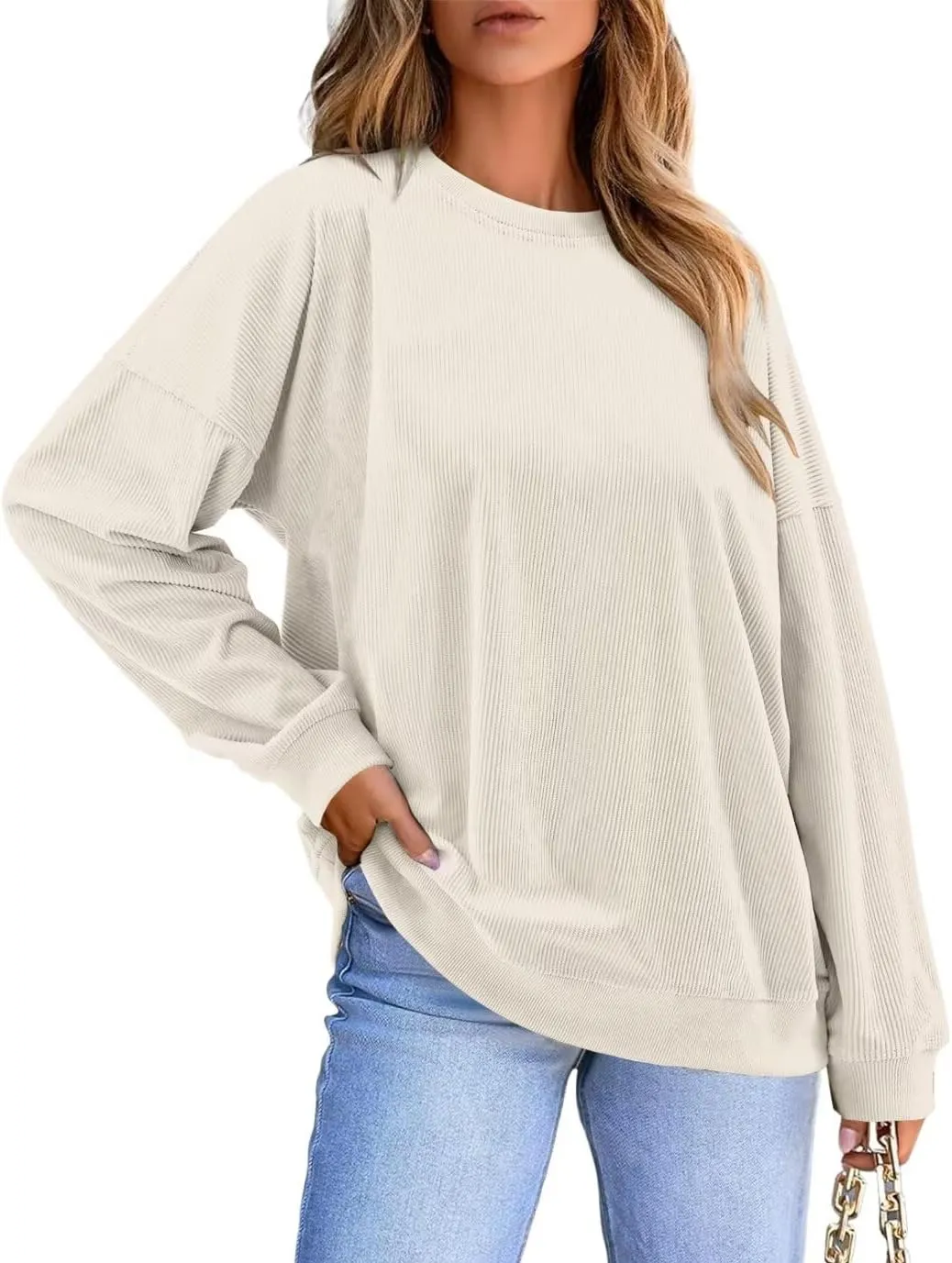 KISSMODA Women's Casual Long Sleeve Sweatshirt Color Block/Solid Crewneck Corduroy Pullover Cute Tops