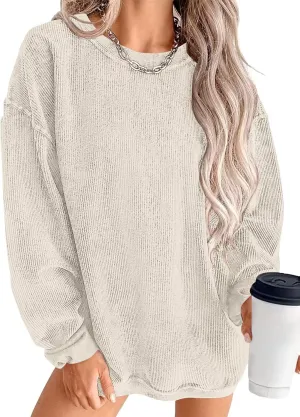 KISSMODA Women's Casual Long Sleeve Sweatshirt Color Block/Solid Crewneck Corduroy Pullover Cute Tops
