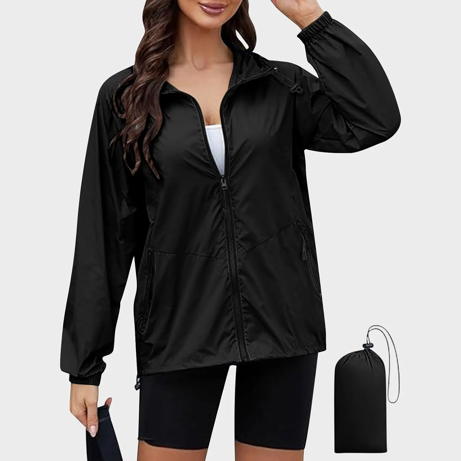 Lightweight Rain Jacket Women Packable Hooded Raincoat Zip Up Rain Coat Windbreaker with Pockets Outdoor Travel