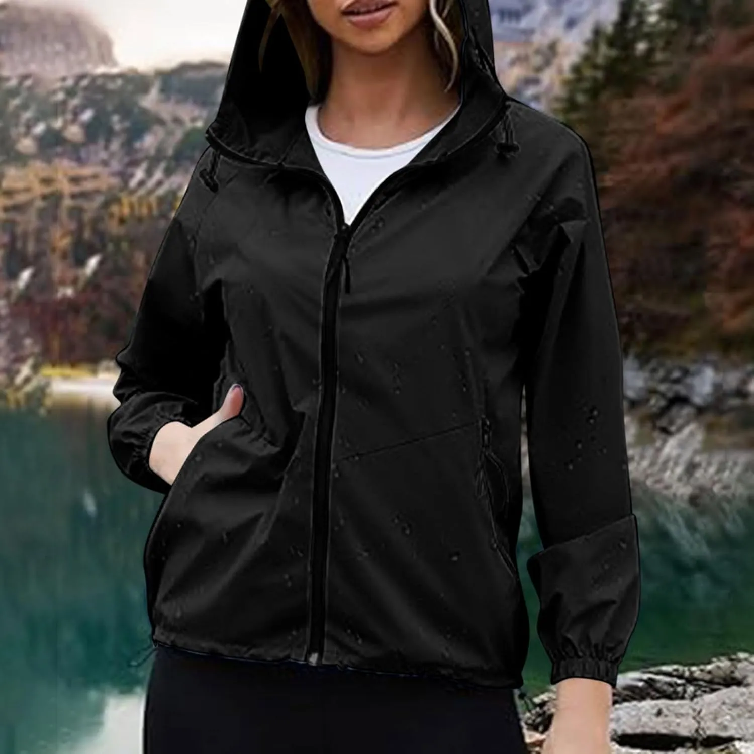Lightweight Rain Jacket Women Packable Hooded Raincoat Zip Up Rain Coat Windbreaker with Pockets Outdoor Travel