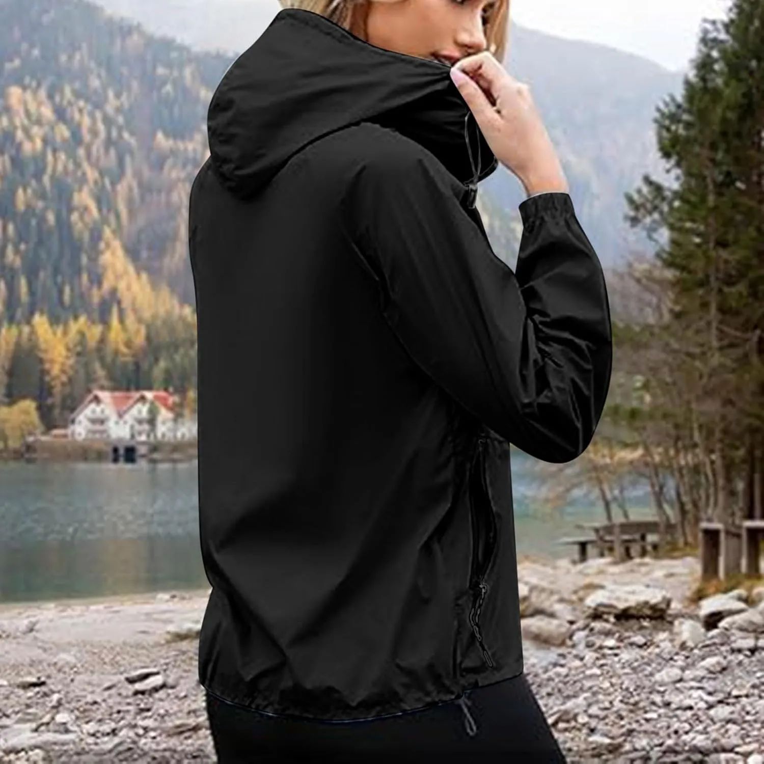 Lightweight Rain Jacket Women Packable Hooded Raincoat Zip Up Rain Coat Windbreaker with Pockets Outdoor Travel