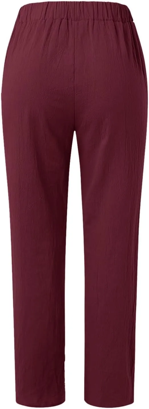 Linen Pants for Women Wide Straight Leg Striped Side Button Elastic Pants Casual Baggy Trousers with Pocket