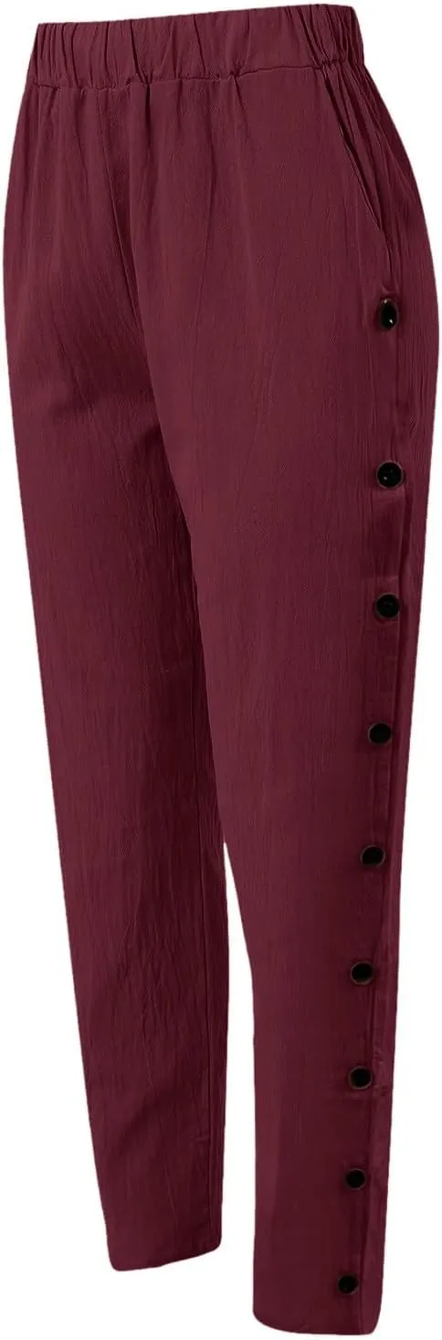 Linen Pants for Women Wide Straight Leg Striped Side Button Elastic Pants Casual Baggy Trousers with Pocket