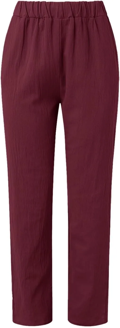Linen Pants for Women Wide Straight Leg Striped Side Button Elastic Pants Casual Baggy Trousers with Pocket