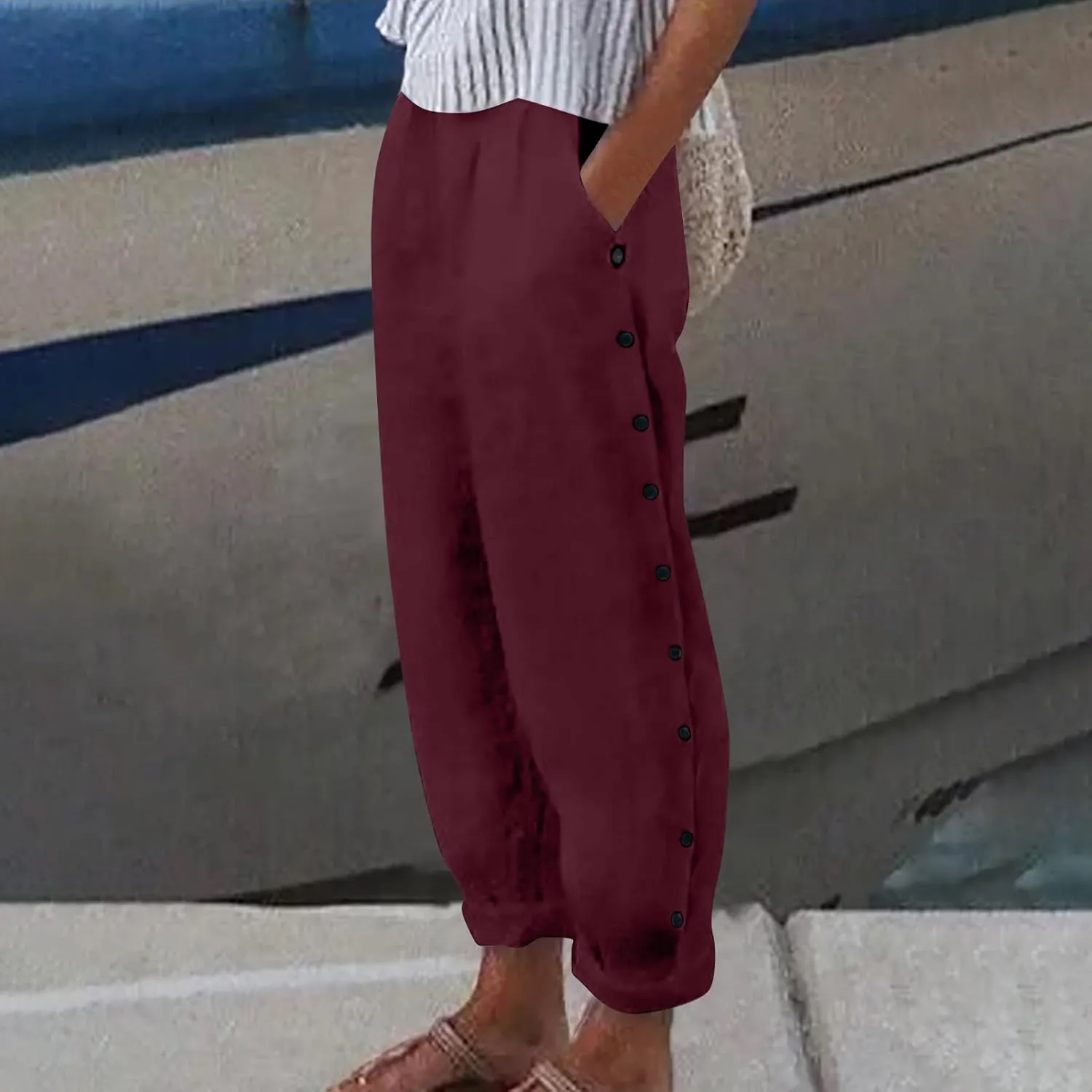 Linen Pants for Women Wide Straight Leg Striped Side Button Elastic Pants Casual Baggy Trousers with Pocket