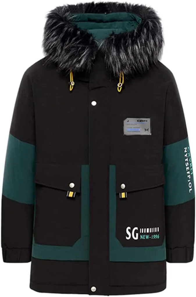 Men Thicken Warm Hooded Coat Fur Collar Slim Cotton Hooded Jacket Mid-Length Windbreaker