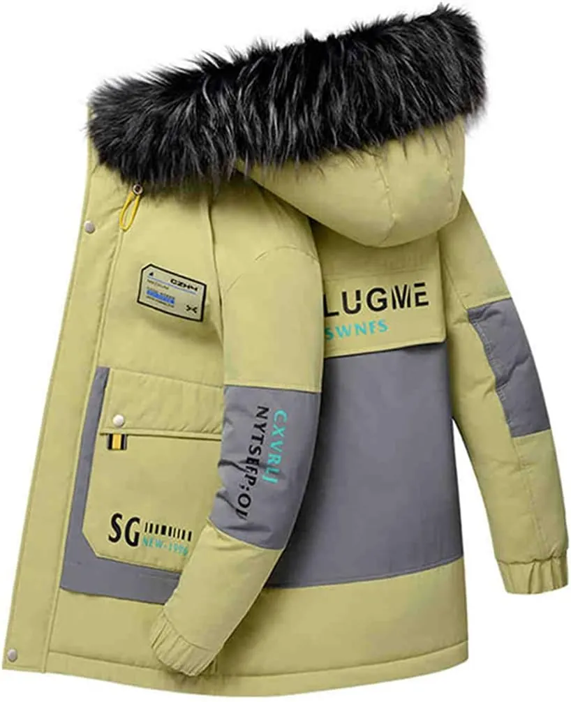 Men Thicken Warm Hooded Coat Fur Collar Slim Cotton Hooded Jacket Mid-Length Windbreaker