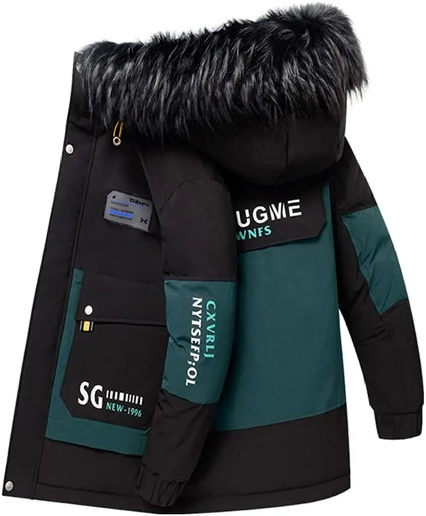 Men Thicken Warm Hooded Coat Fur Collar Slim Cotton Hooded Jacket Mid-Length Windbreaker