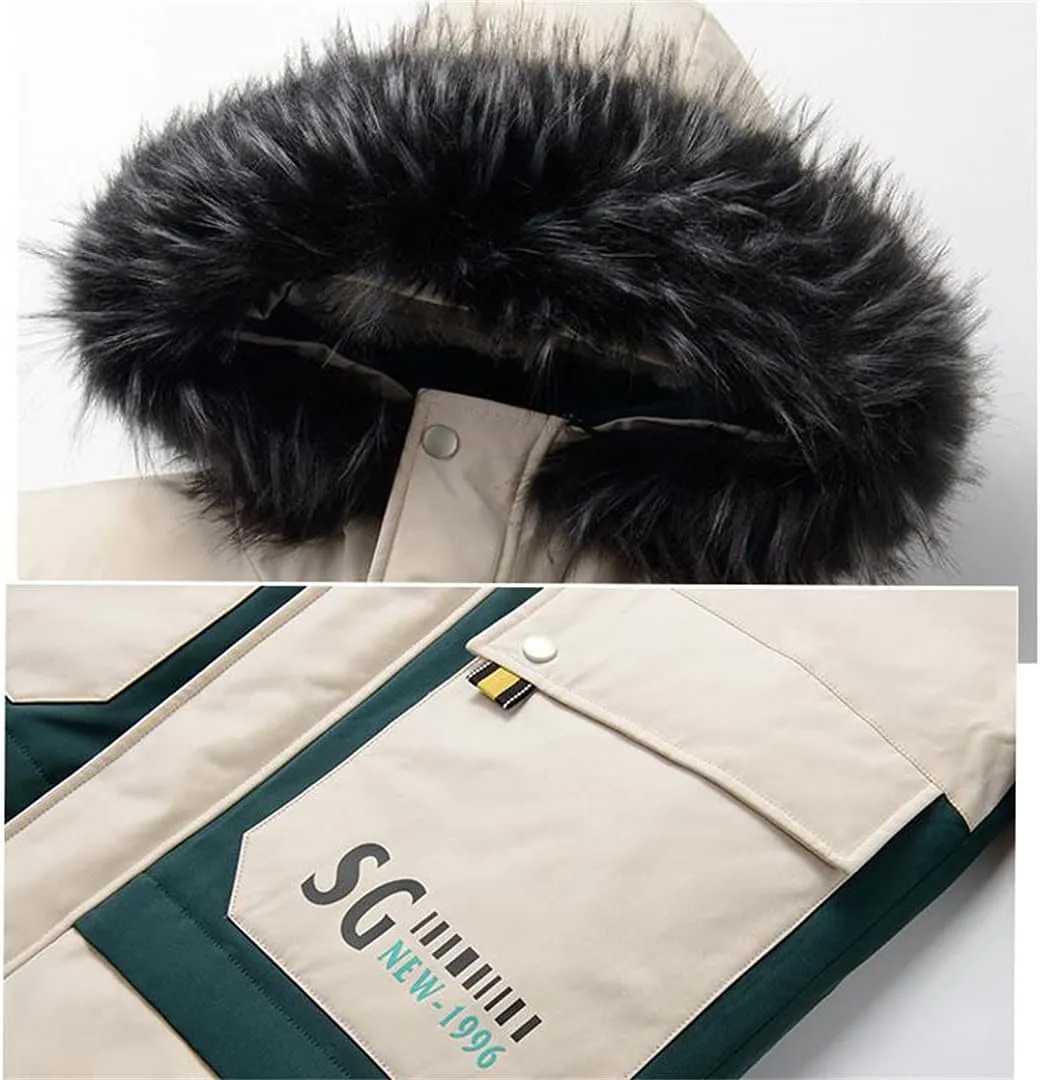 Men Thicken Warm Hooded Coat Fur Collar Slim Cotton Hooded Jacket Mid-Length Windbreaker