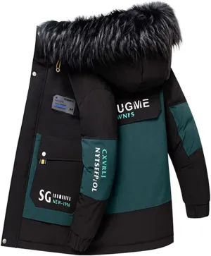 Men Thicken Warm Hooded Coat Fur Collar Slim Cotton Hooded Jacket Mid-Length Windbreaker