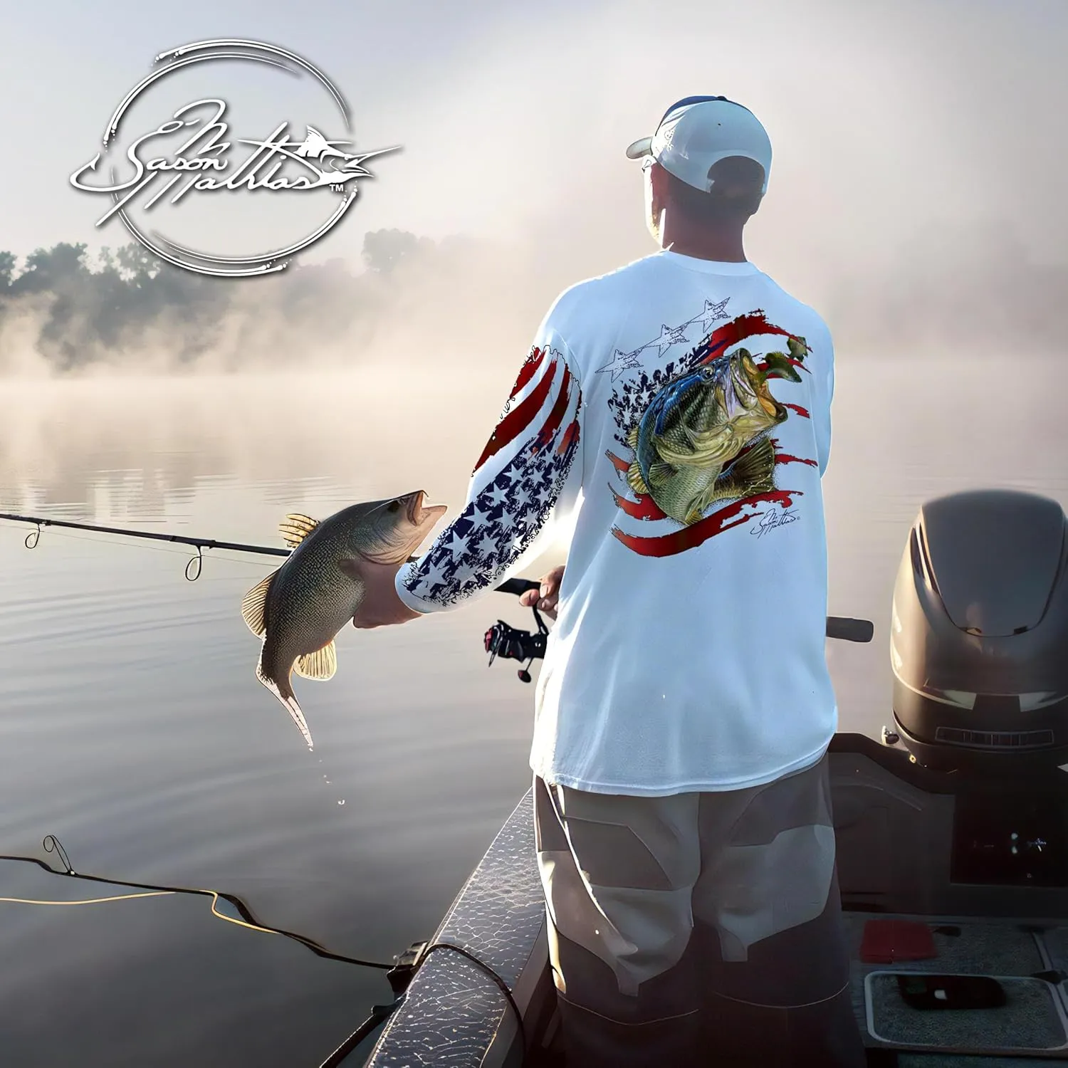 Men’s “American Flag Bass” Comfortable Fishing Shirt-UPF 50  Interlocking Fabric, Quick-Dry, Ideal for Anglers (JM016)
