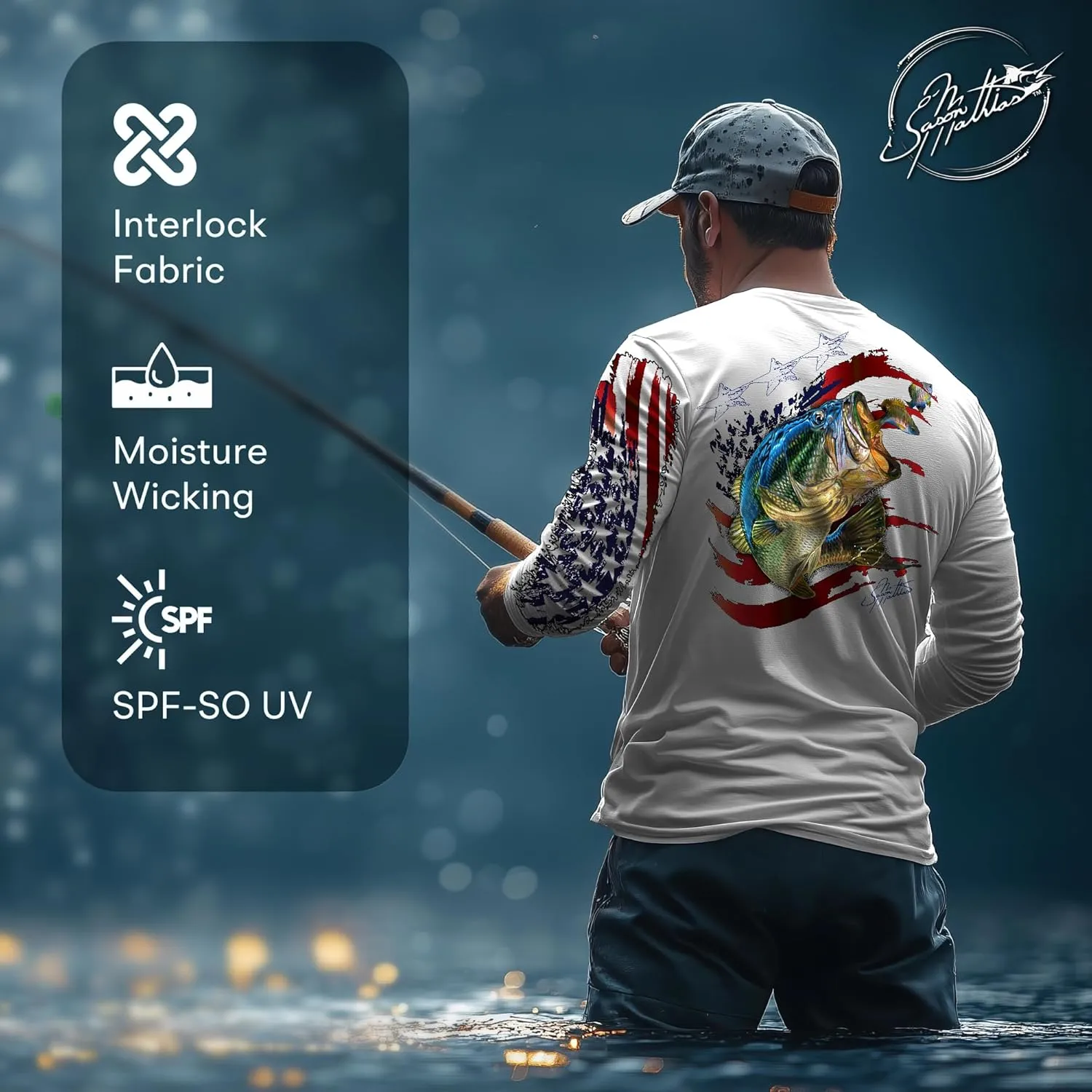 Men’s “American Flag Bass” Comfortable Fishing Shirt-UPF 50  Interlocking Fabric, Quick-Dry, Ideal for Anglers (JM016)