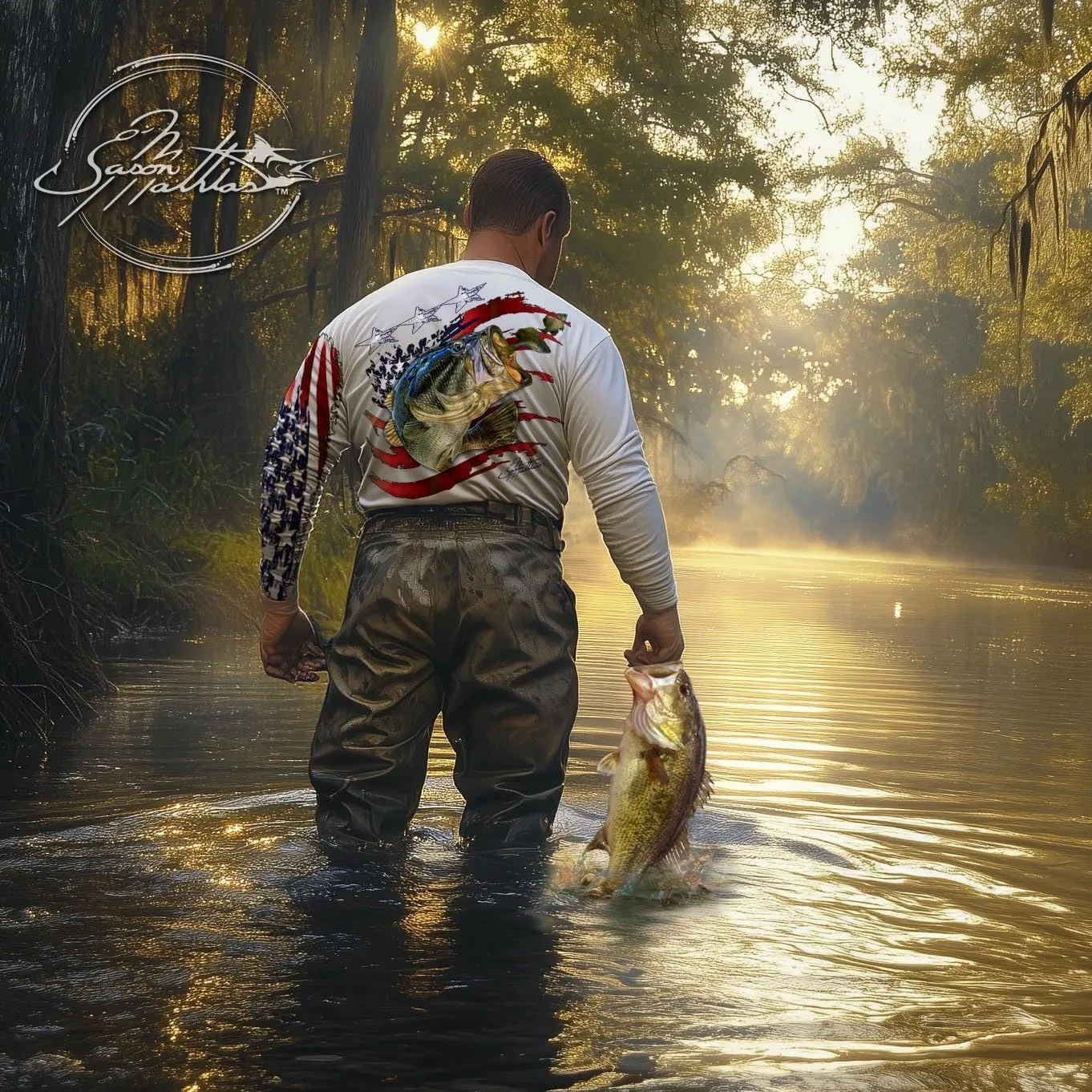 Men’s “American Flag Bass” Comfortable Fishing Shirt-UPF 50  Interlocking Fabric, Quick-Dry, Ideal for Anglers (JM016)